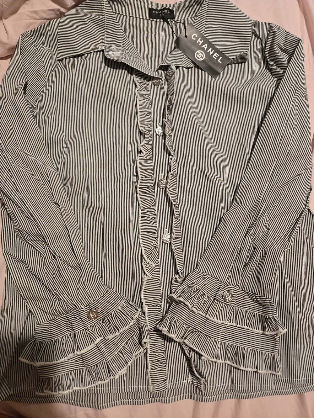 CHANEL Black & White Striped Button-Down Shirt